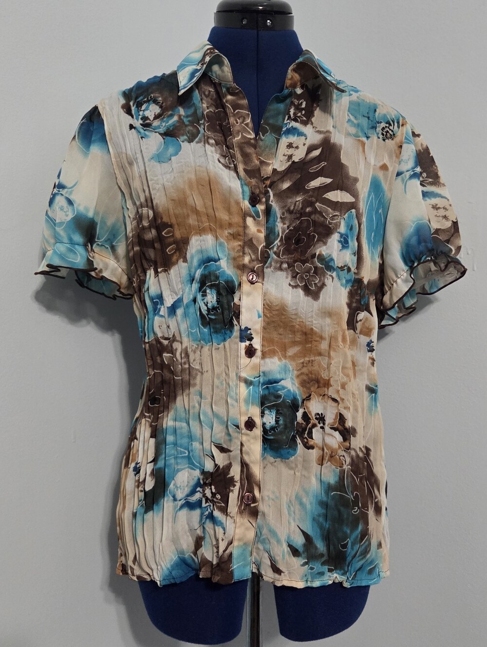 Vintage Y2K Blue Floral Pleated Chiffon Blouse Size XL